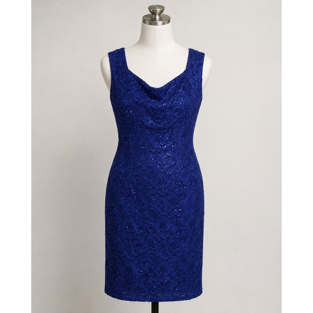 Alex Evenings Dress Size 12 Royal Blue Sequin Floral Lace Cowl Neck Sheath